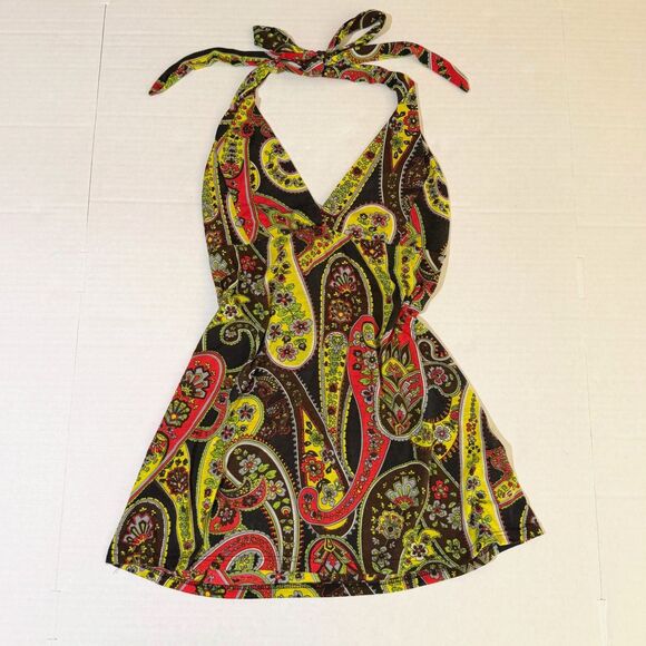 Max Rave Tops - VTG Y2K Max Rave, Black Paisley Babydoll Tie Halter, XS Boho Chic Tuscan Mom